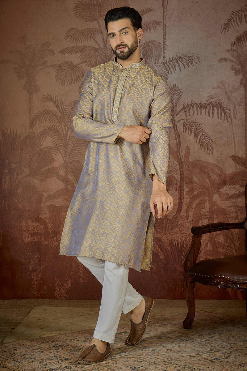 Grey Jacquard Geometric Embroidered Kurta MKU2548