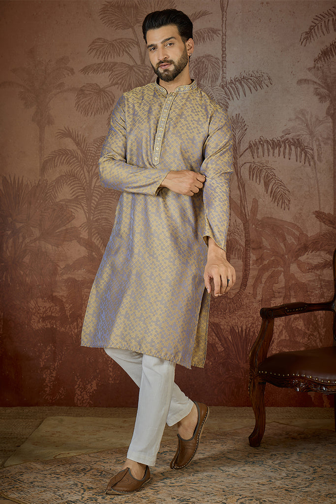 Grey Jacquard Geometric Embroidered Kurta MKU2548