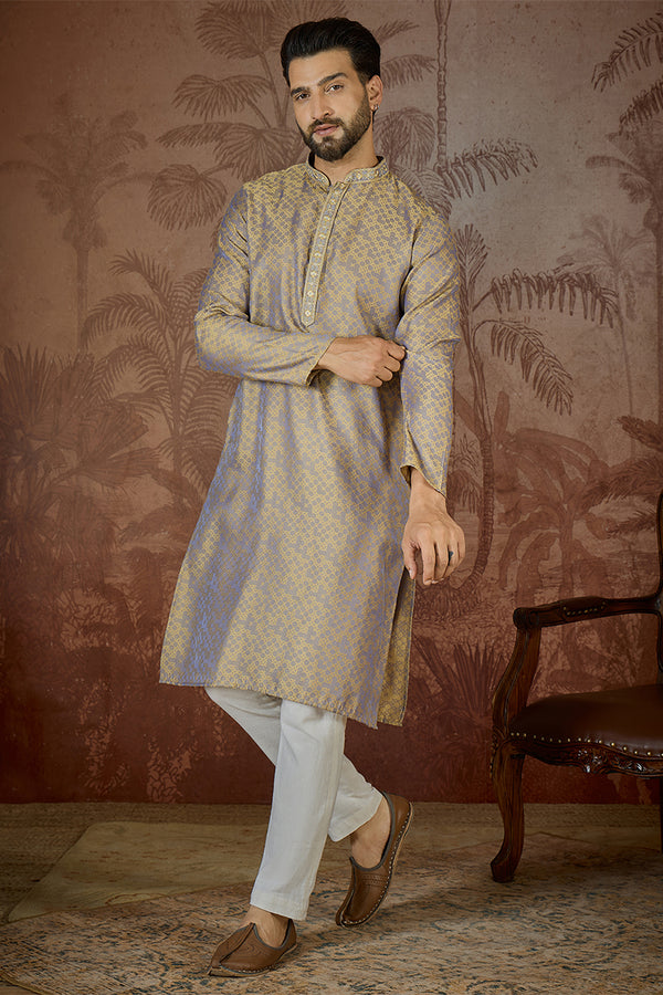 Grey Jacquard Geometric Embroidered Kurta MKU2548