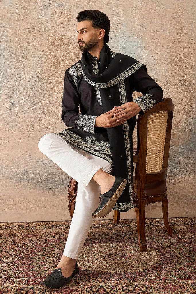 Black Silk Blend Solid Embroidered Kurta With Dupatta MKUD1012