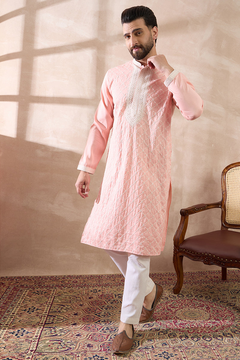 Pink Silk Blend Embroidered Mandarin Collar Straight Kurta With Trouser MKSET1692