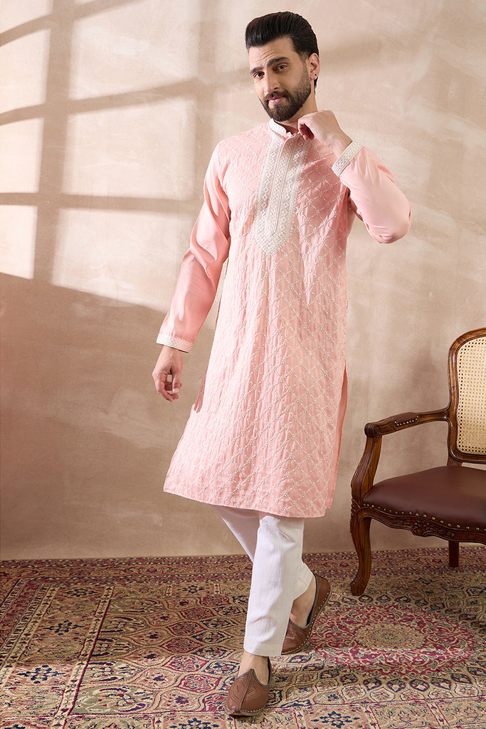 Pink Silk Blend Embroidered Mandarin Collar Straight Kurta With Trouser MKSET1692