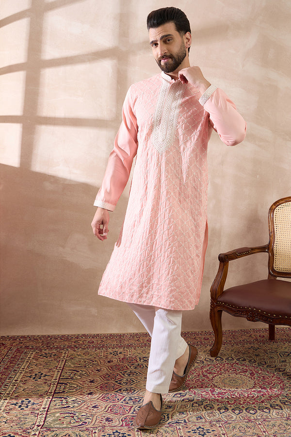 Pink Silk Blend Embroidered Mandarin Collar Straight Kurta With Trouser MKSET1692