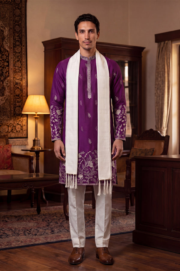 Purple Silk Blend Solid Embroidered Straight Kurta Trouser with Dupatta MKPD1944