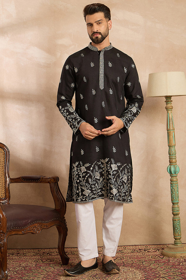 Black Silk Blend Solid Embroidered Straight Kurta MKU1782