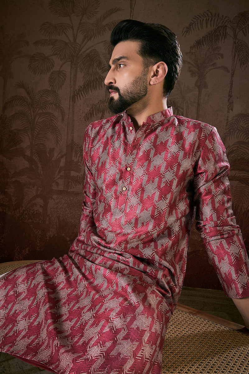 Maroon Silk Blend Chevron Printed Straight Kurta With Trouser MKSET1904