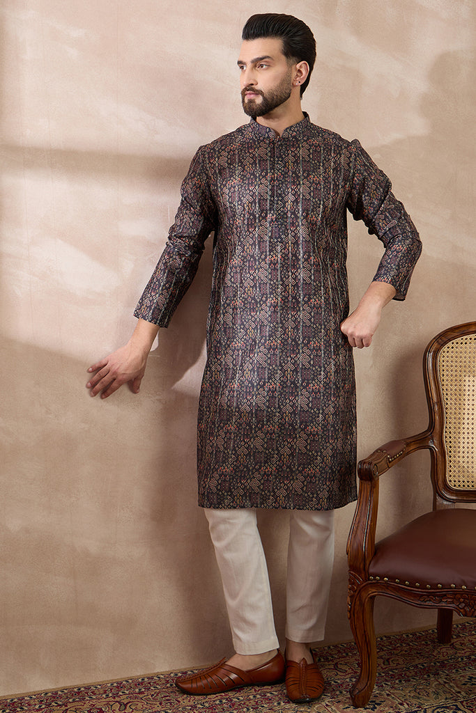 Black Silk Blend Printed Mandarin Collar Straight Kurta MKU2116