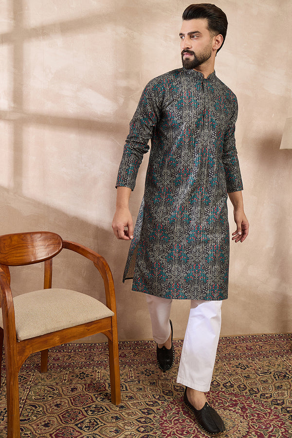 Black Silk Blend Floral Printed Straight Kurta MKU2015