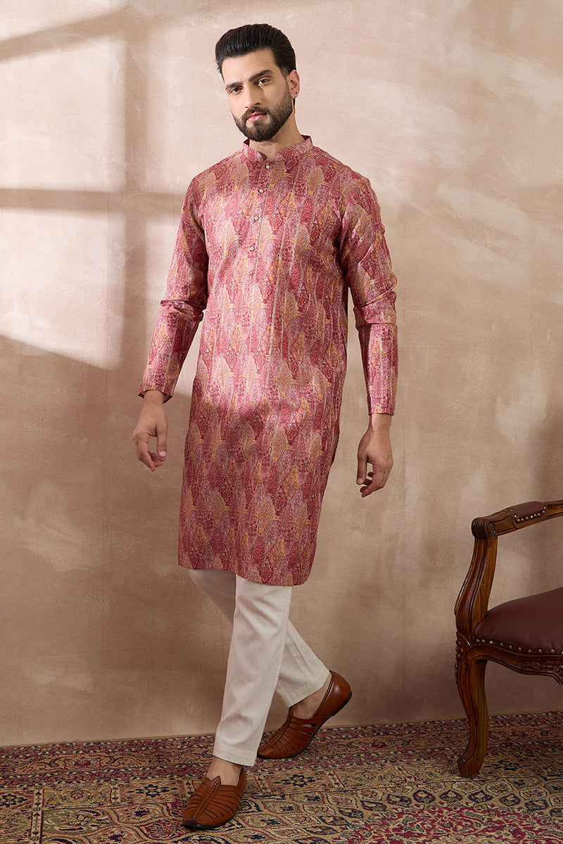 Pink Silk Blend Printed Mandarin Collar Straight Kurta With Trouser MKSET2054