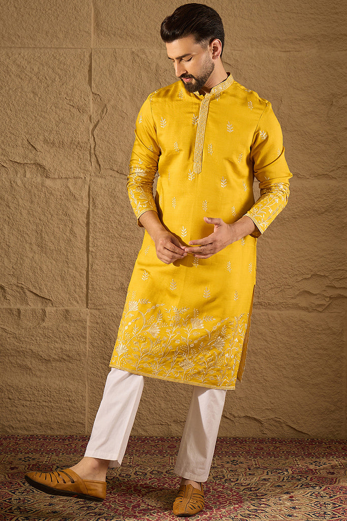 Yellow Verican Solid Embroidered Straight Kurta MKU1314