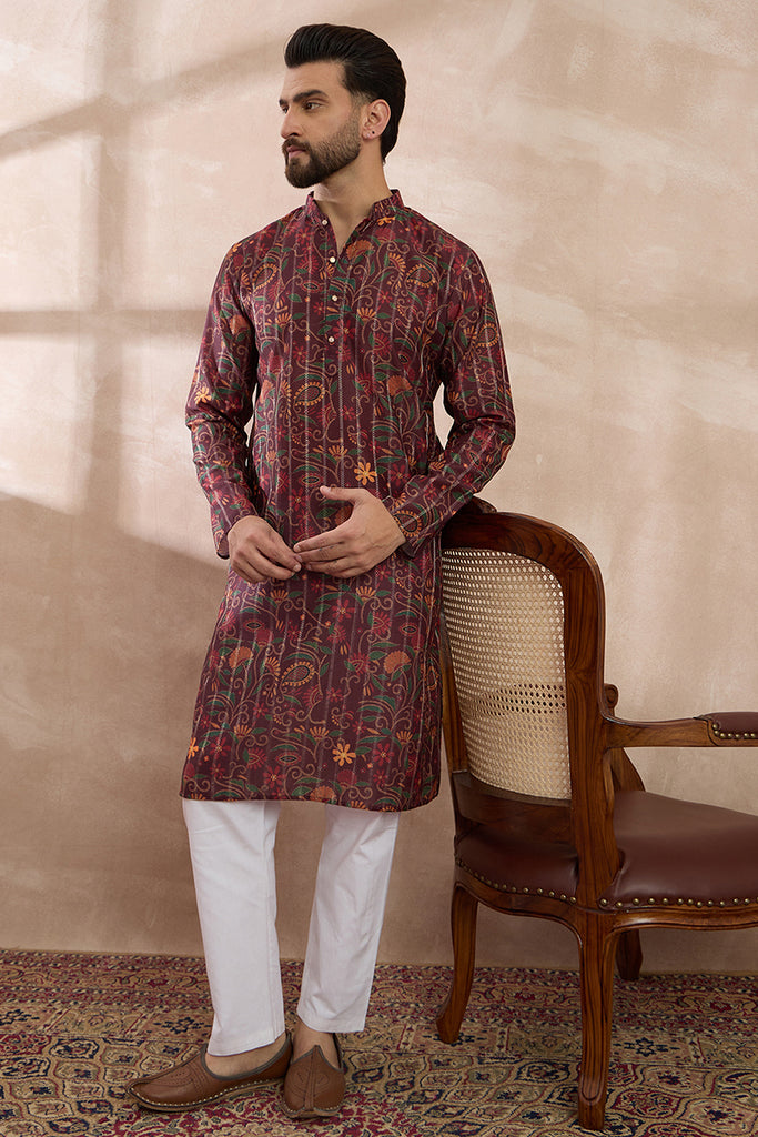 Maroon Silk Blend Printed Mandarin Collar Straight Kurta MKU2024