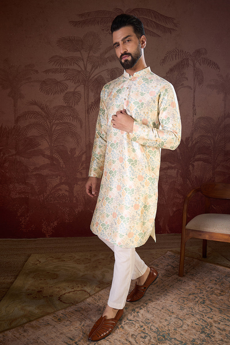 Off White Silk Blend Floral Printed Straight Kurta With Trouser MKSET1915