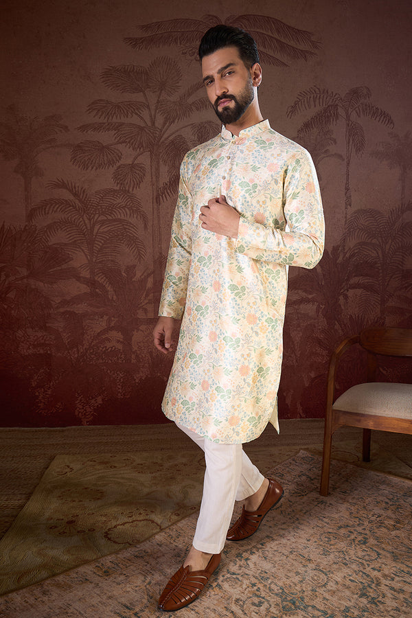 Off White Silk Blend Floral Printed Straight Kurta With Trouser MKSET1915