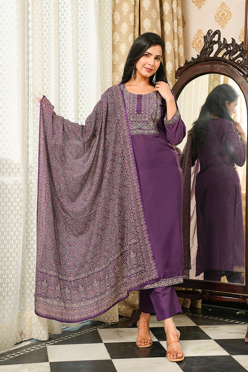 Purple Cotton Blend Ajrakh Printed Straight Kurta Trousers With Dupatta PKSKD3067
