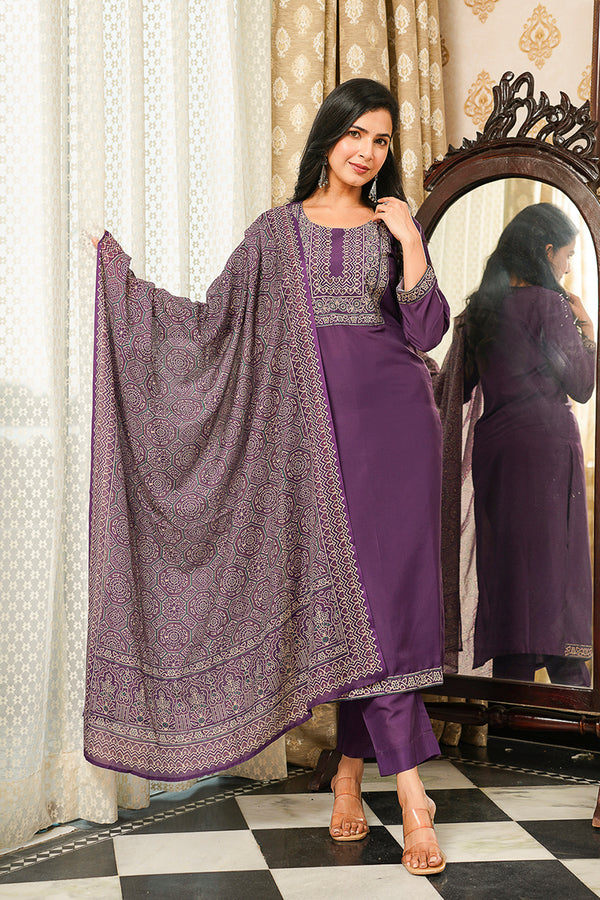 Purple Cotton Blend Ajrakh Printed Straight Kurta Trousers With Dupatta PKSKD3067