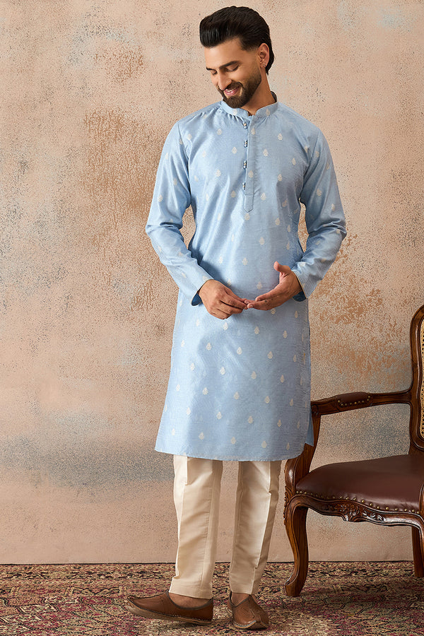 Blue Silk Blend Floral Straight Kurta With Dupatta MKSET2217