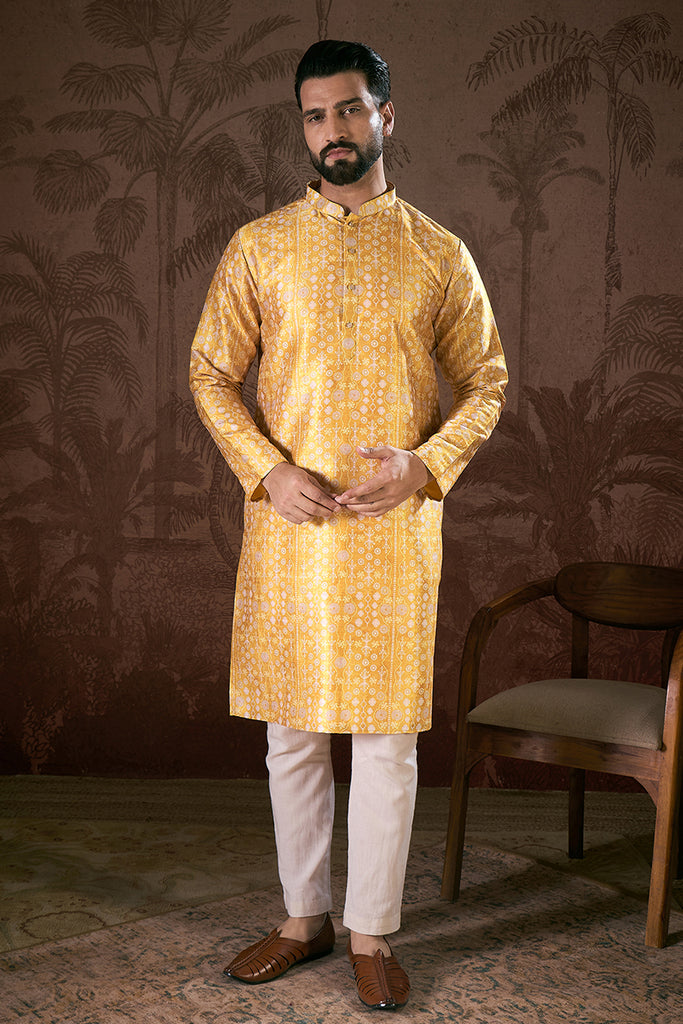 Yellow Silk Blend Floral Printed Straight Kurta With Trouser MKSET1948