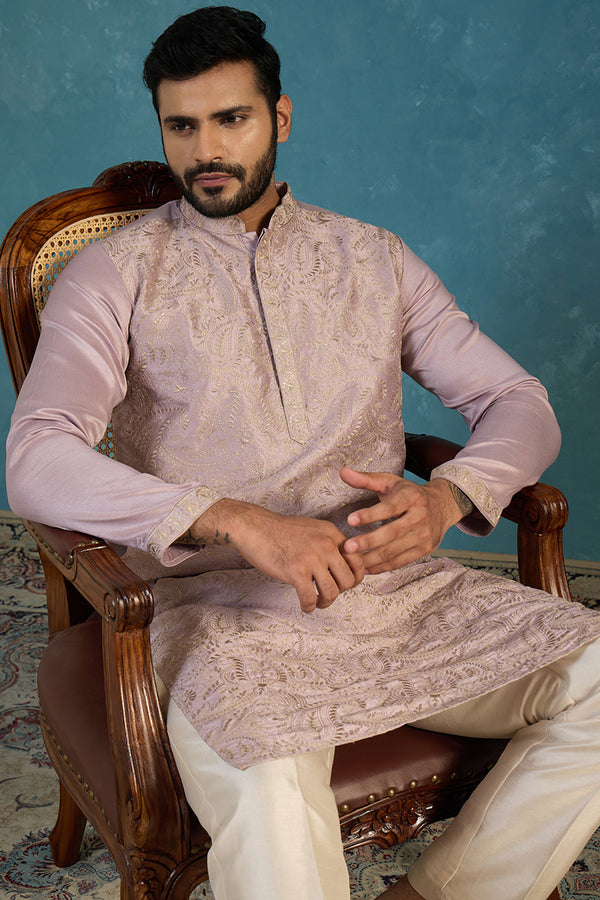 Lavender Silk Blend Embroidered Straight Kurta Sets MKSET2103