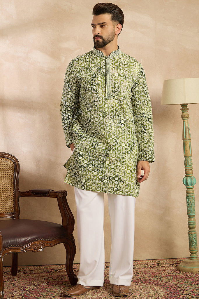 Green Viscose Rayon Batik Embroidered Straight Kurta With Trouser MKSET1717