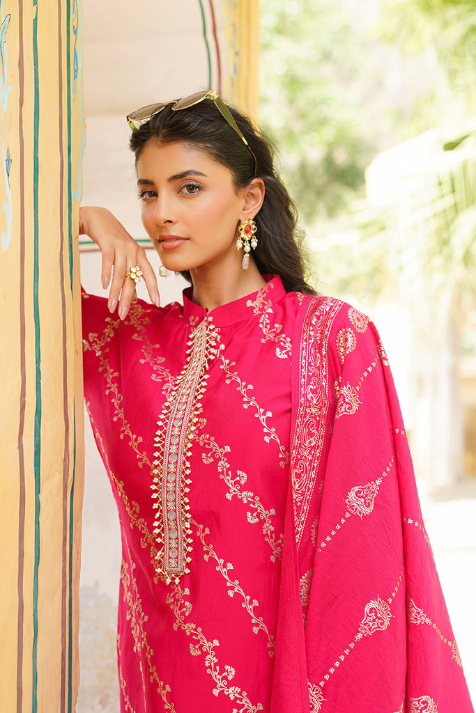 Pink Silk Blend Floral Printed Straight Kurta Trousers With Dupatta SKSKD3044