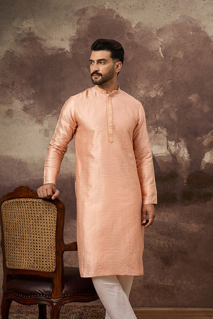 Peach Silk Blend Solid Woven Design Straight Kurta MKU1322