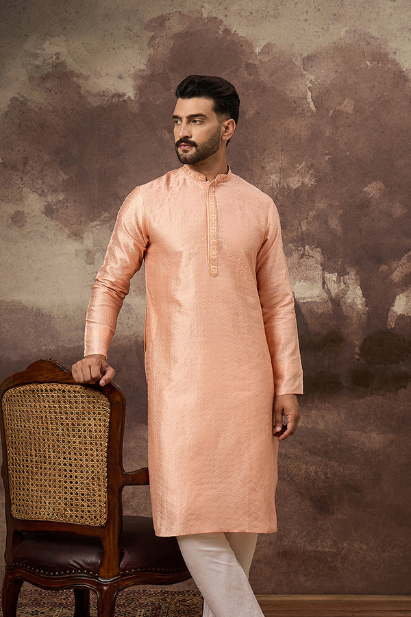 Peach Silk Blend Solid Woven Design Straight Kurta MKU1322