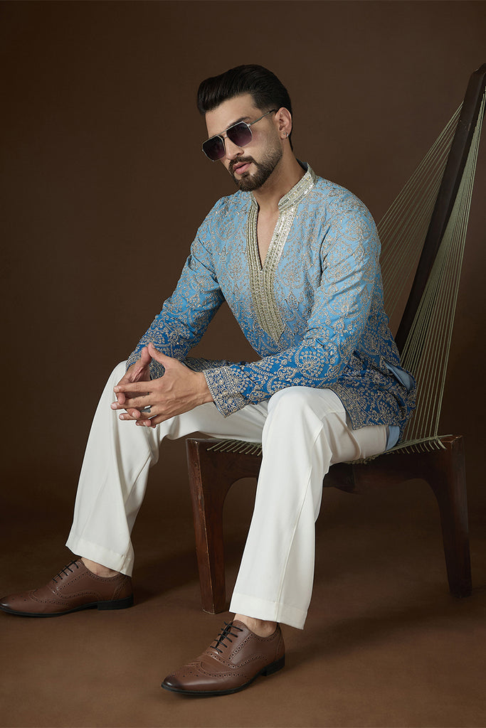 Blue Georgette Ethnic Motifs Embroidered Mandarin Collar Kurta With Trouser MKSET2586
