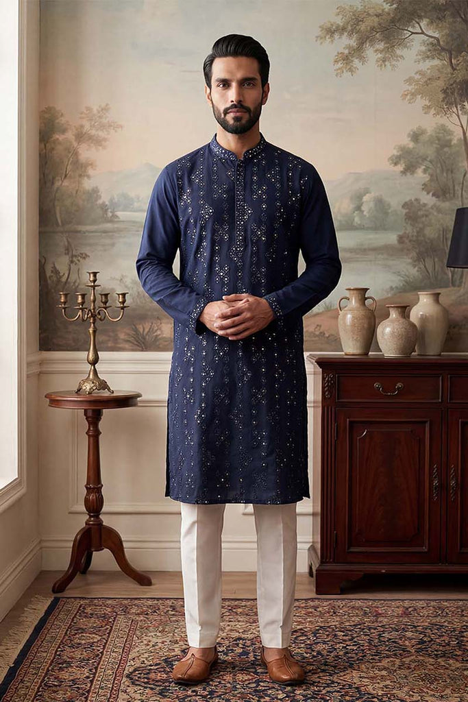Blue Silk Blend Solid Embroidered Kurta With Trousers MKSET2075