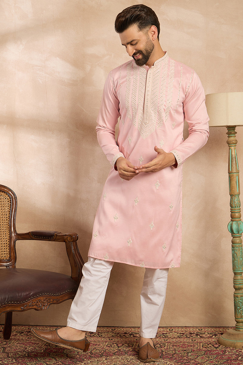 Pink Silk Geometric Embroidered Straight Kurta With Trouser MKSET1683