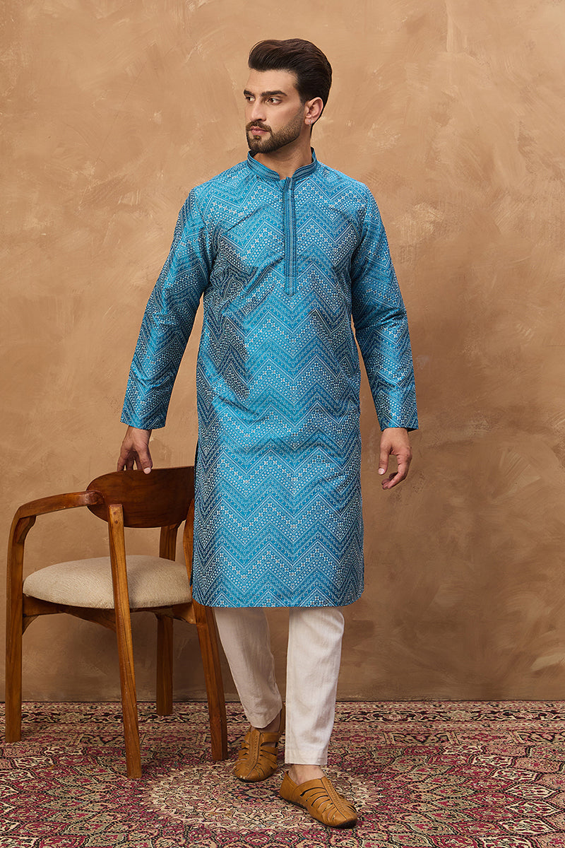 Blue Silk Blend Geometric Printed Straight Kurta With Pant Set MKSET1531