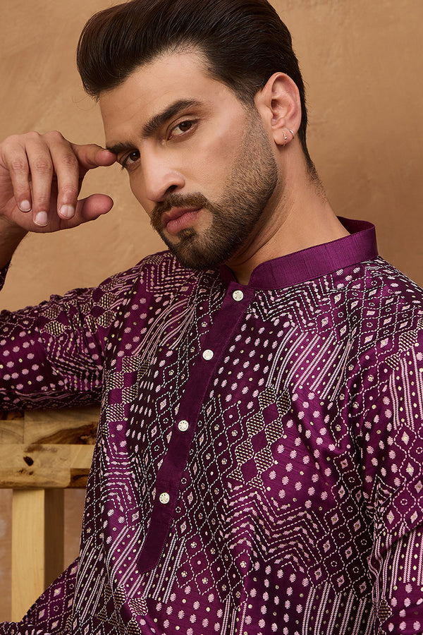 Purple Silk Blend Geometric Printed Straight Kurta With Pant Set MKSET1529