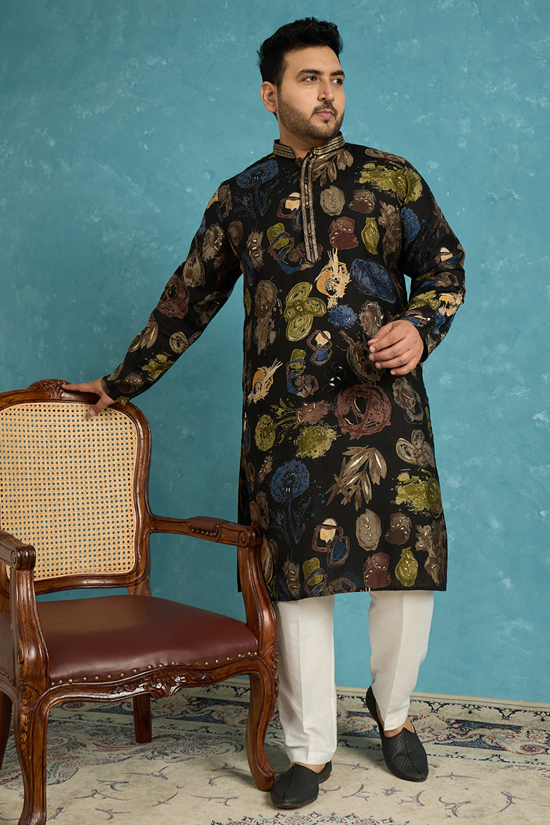 Black Silk Blend Abstract Printed Kurta MKU1960