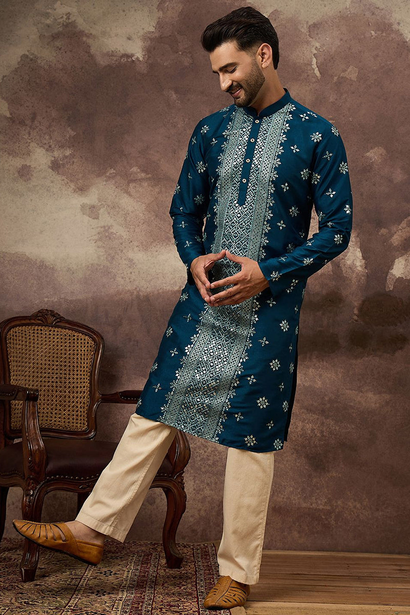 Blue Silk Blend Solid Embroidered Straight Kurta With Pant Set MKSET1371