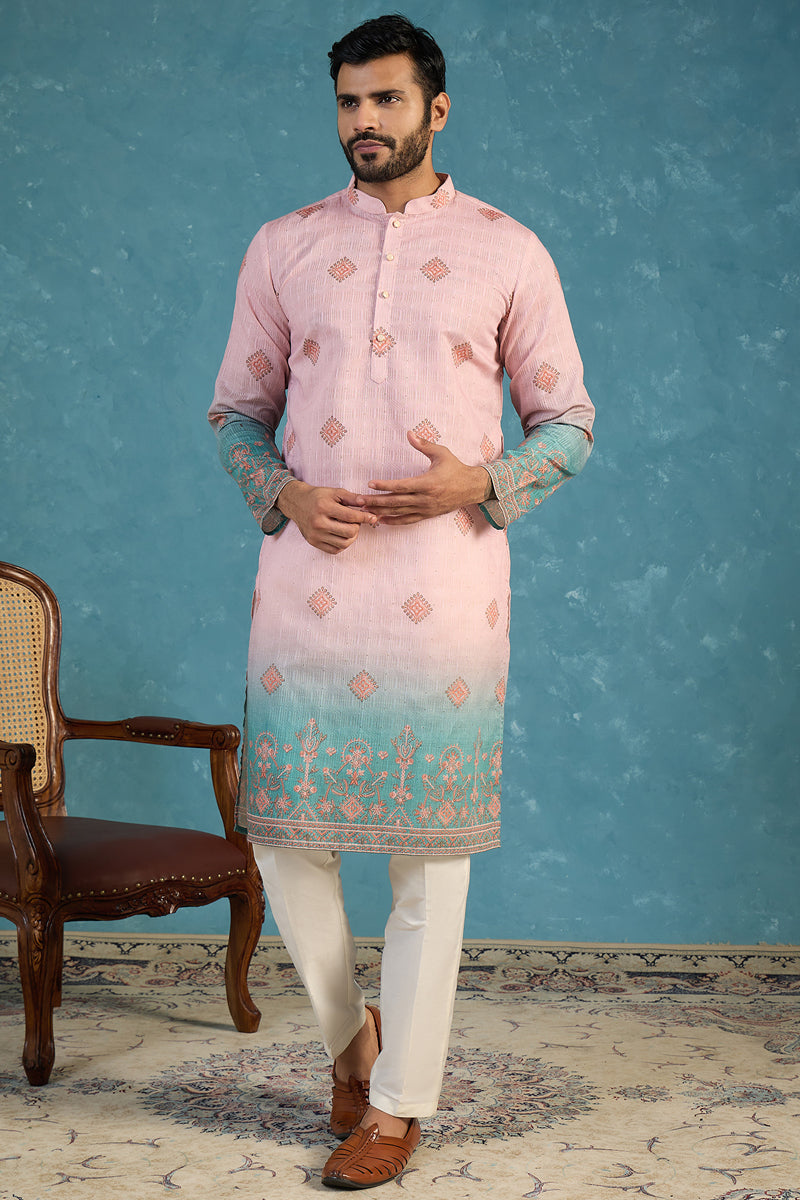 Peach Silk Blend Woven Design Calf Length Straight Regular Kurta MKU2348