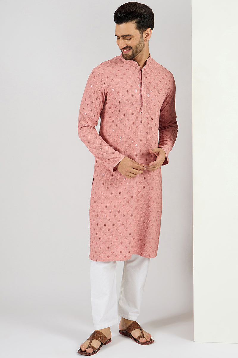 Ethnic Bay Pink Viscose Rayon Solid Embroidered Long Straight Kurta For Men MKU1060