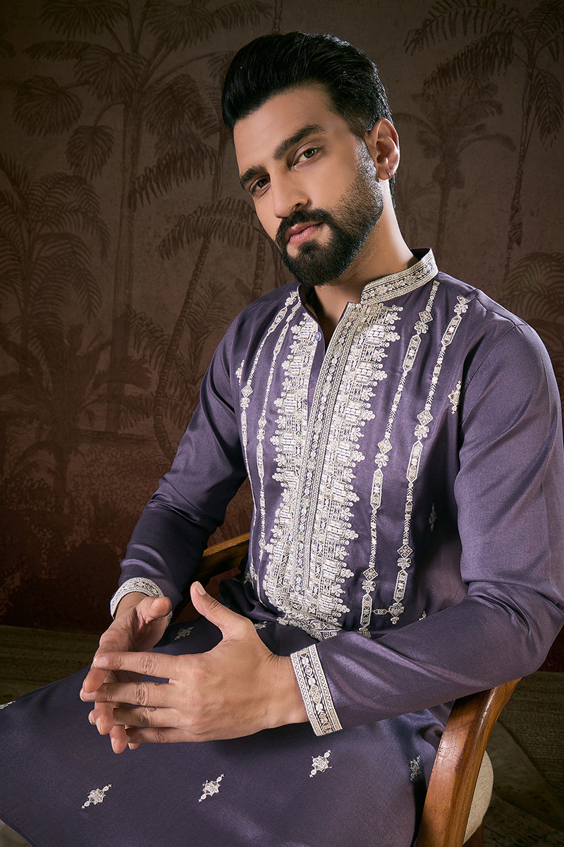 Lavender Silk Blend Solid Embroidered Straight Kurta MKU1792