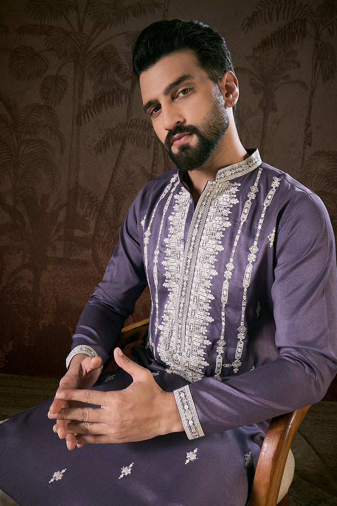 Lavender Silk Blend Solid Embroidered Straight Kurta MKU1792