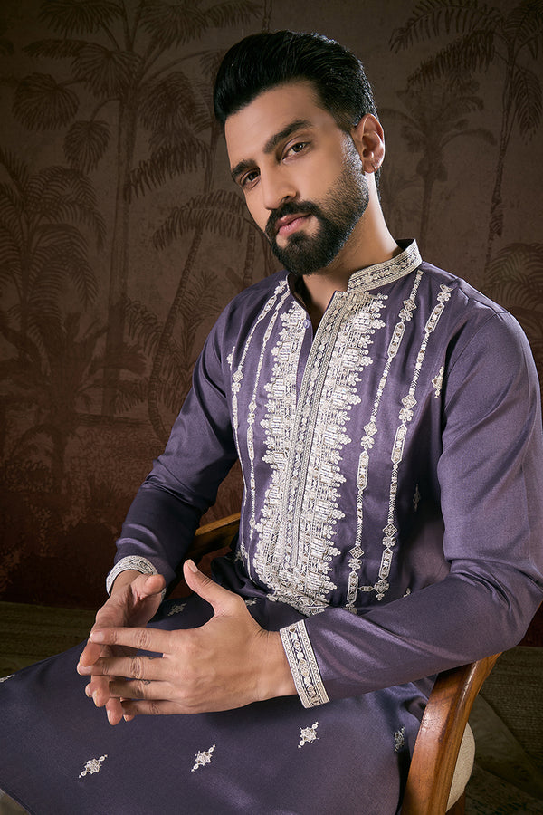 Lavender Silk Blend Solid Embroidered Straight Kurta MKU1792