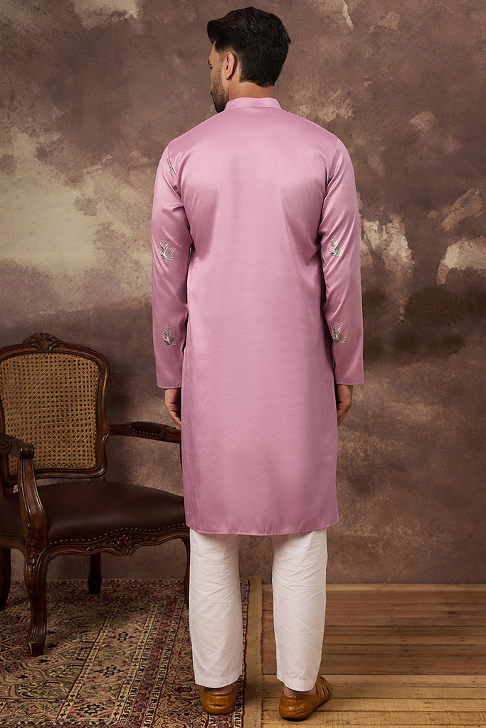 Pink Silk Blend Solid Embroidered Straight Kurta with Trouser MKSET1347