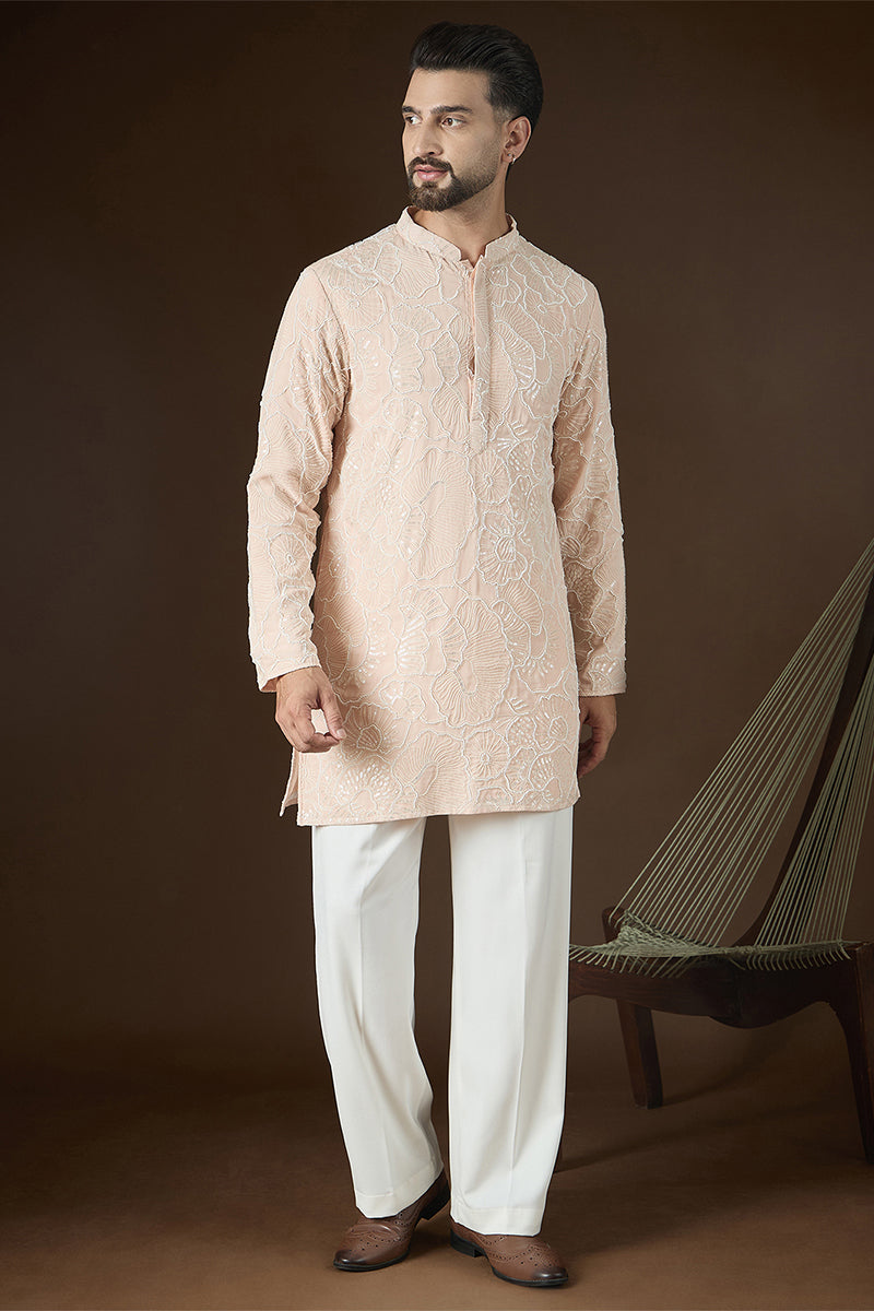 Peach Georgette Solid Embroidered Kurta MKU2731