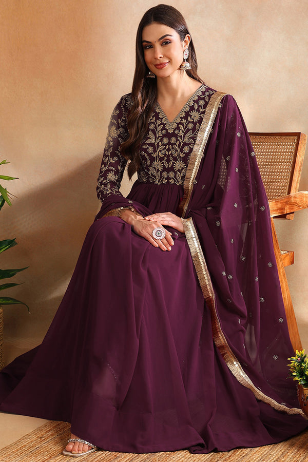 Wine Georgette Solid Embroidered Anarkali Kurta Set VKSET1520WIN