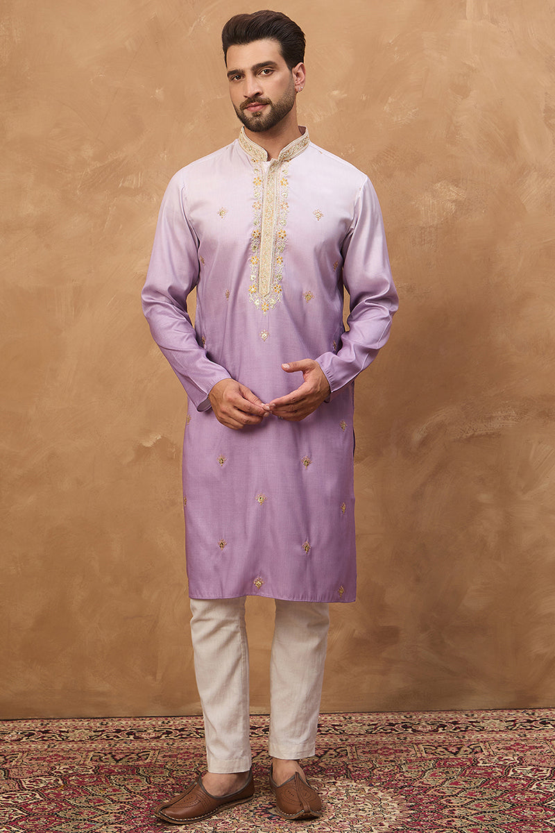 Purple Silk Blend Solid Embroidered Straight Kurta MKU1487