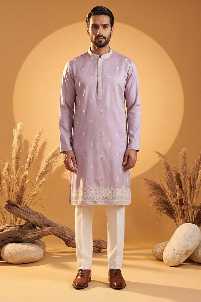 Lavender Silk Blend Solid Embroidered Kurta With Trousers MKSET2269