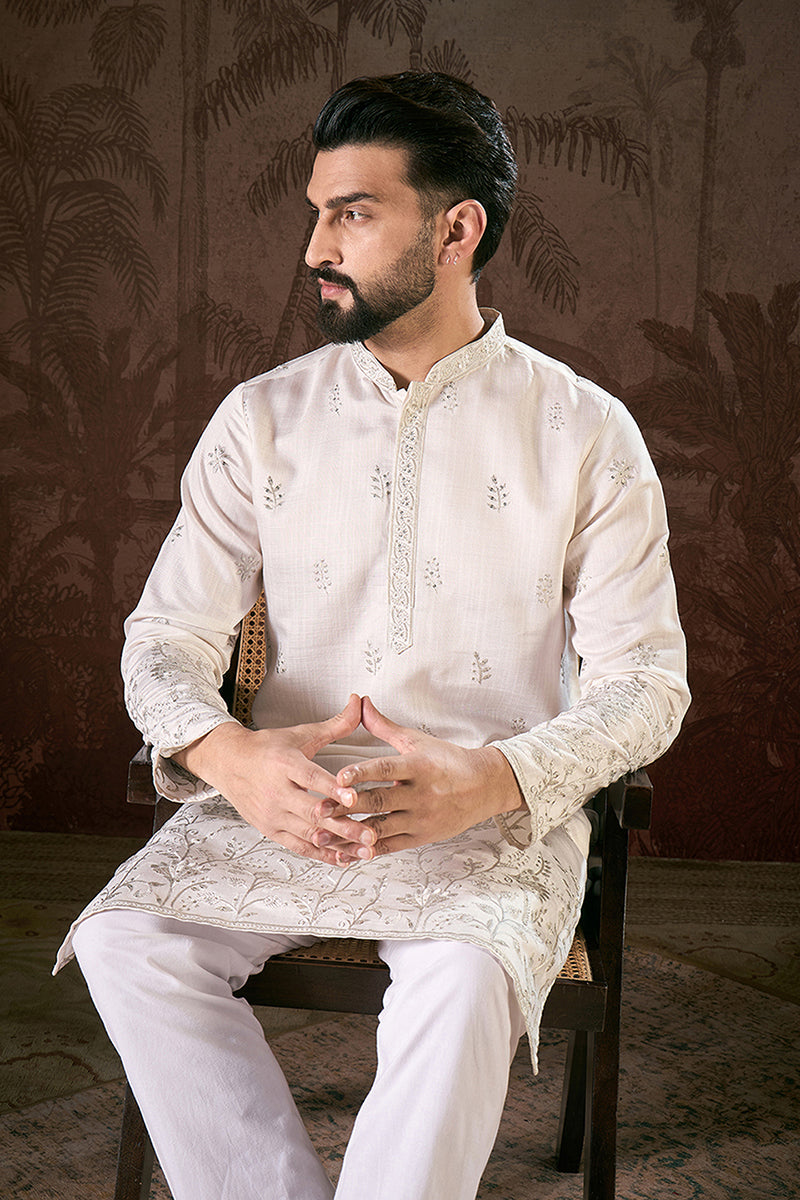 White Silk Blend Floral Embroidered Straight Kurta MKU1784