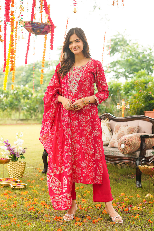 Red Viscose Rayon Floral Embroidered Straight Kurta Trousers With Dupatta PKSKD3056