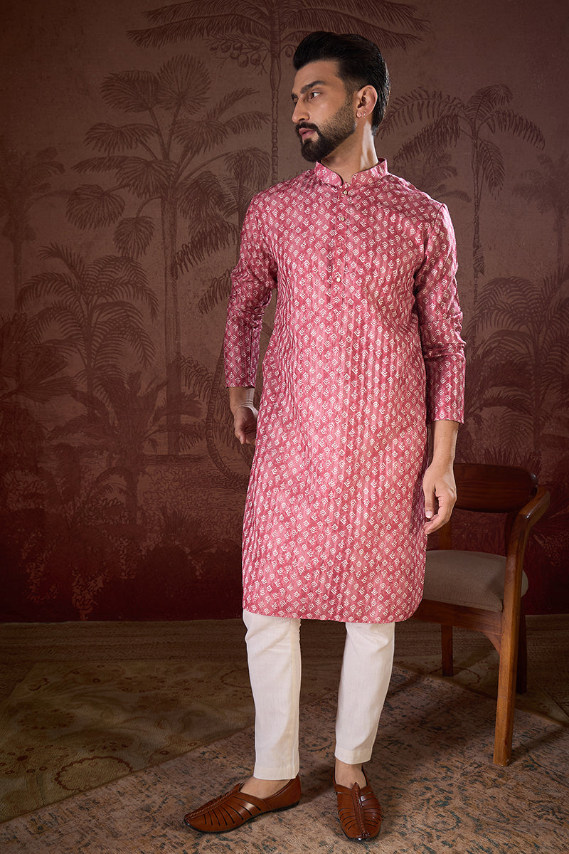 Pink Silk Blend Ethnic Motifs Printed Straight Kurta MKU1938
