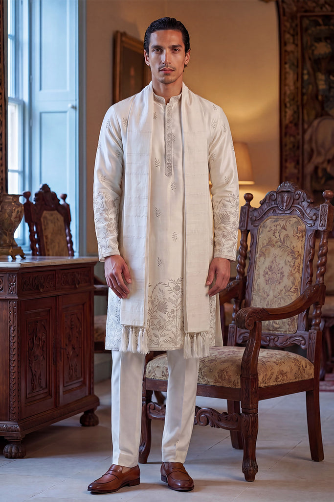 White Silk Blend Floral Embroidered Straight Kurta with Dupatta MKUD1784