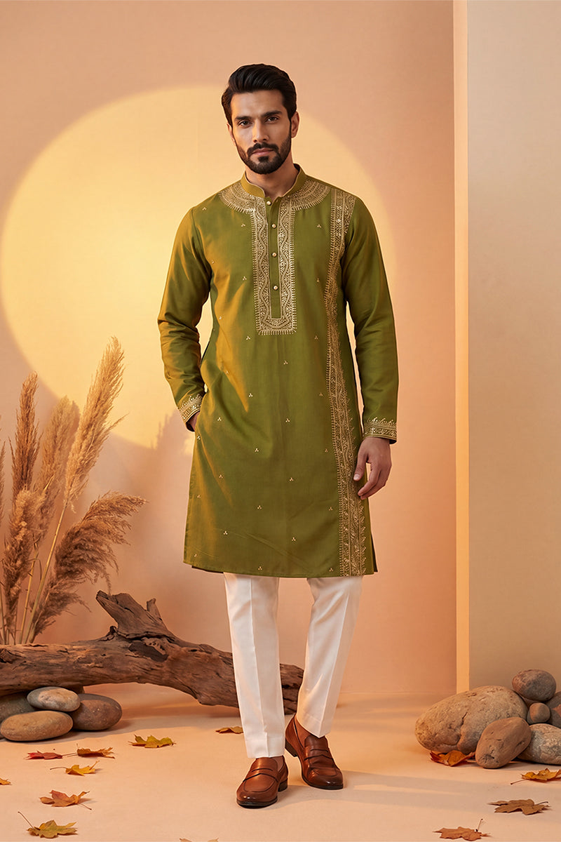 Green Silk Blend Solid Emboidered Straight Kurta With Trouser MKSET2313