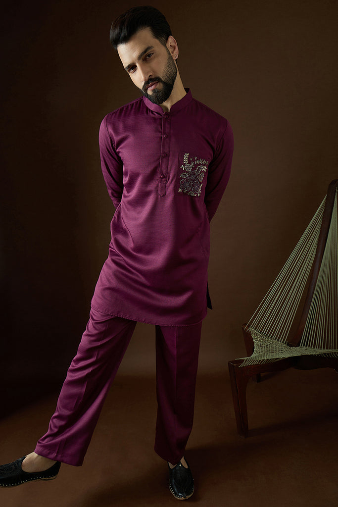 Purple Silk Blend Solid Embroidered Kurta With Trouser MKSET2056