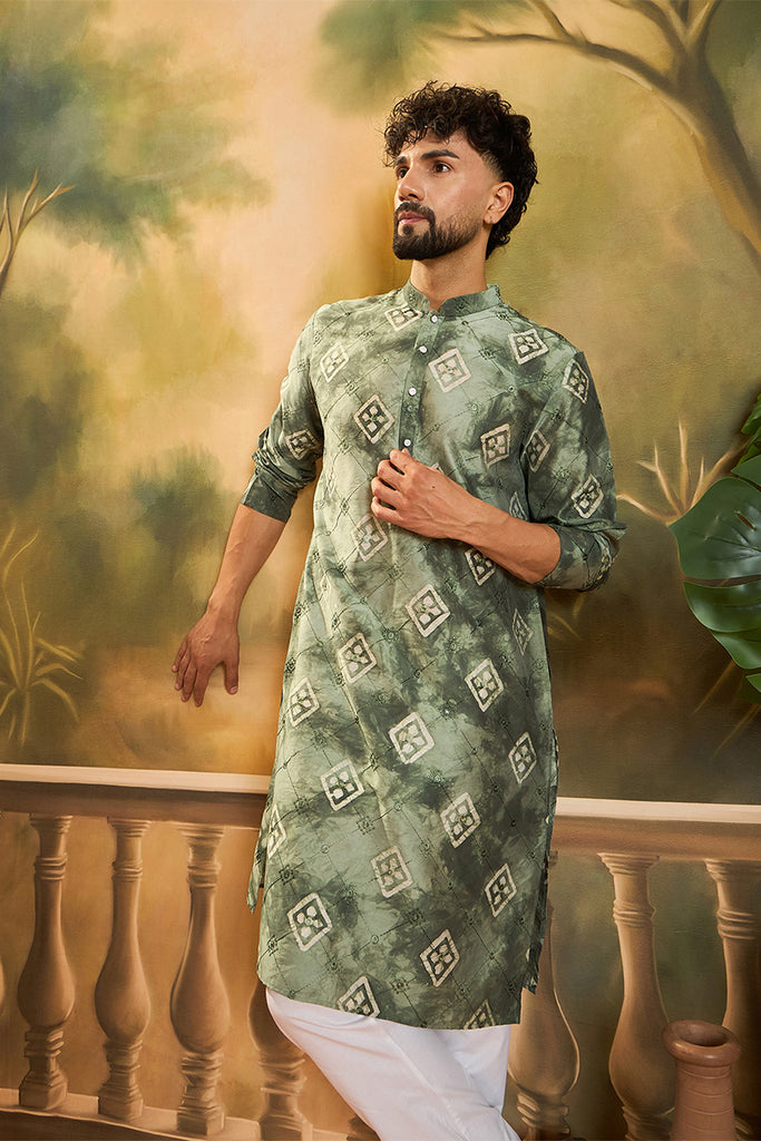 Green Silk Blend Batik Embroidered Straight Kurta with Trouser MKSET1464